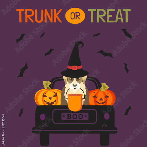Halloween Spooky Trunk or Treat Cute vector poster. Halloween truck with dog in witch hat, candy bucket, pumpkin, bat scary characters cartoon design element illustration. Holiday night fun background