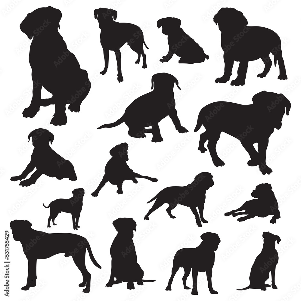Boxer dog silhouettes,Boxer dog animal silhouette collection.