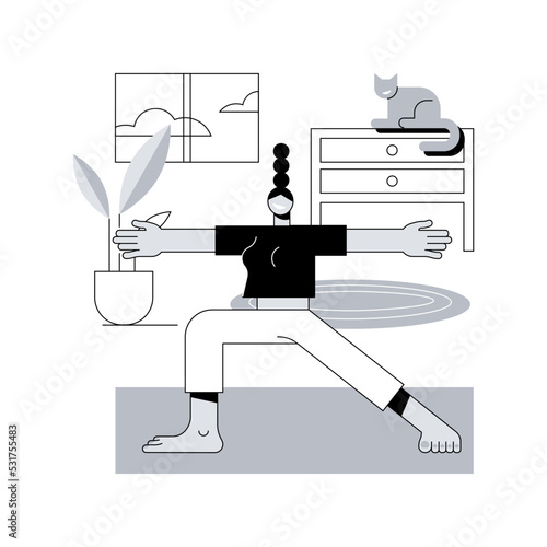 Home yoga abstract concept vector illustration. Home quarantine training, power yoga online class, relief stress, mindfulness, live streaming, stay home, social distance abstract metaphor.