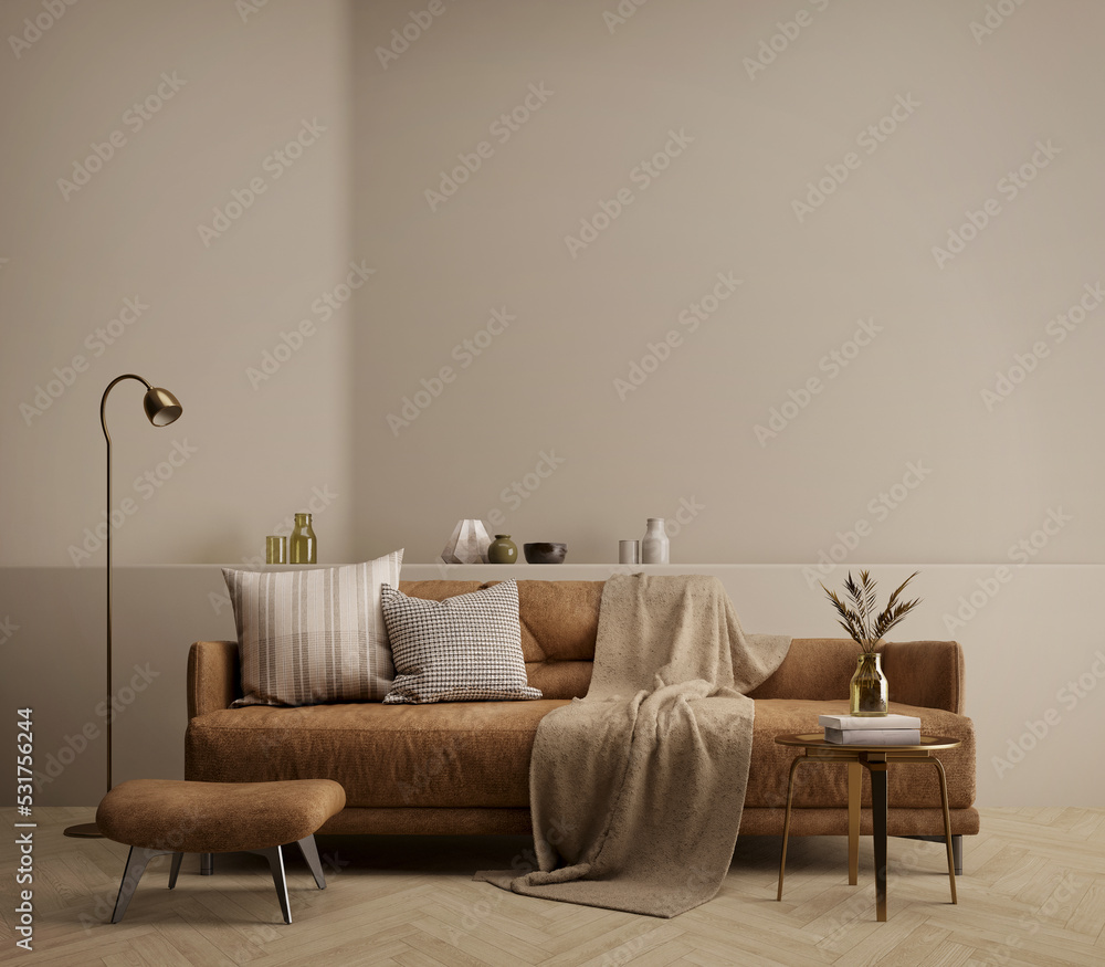 Fototapeta premium Brown living room with sofa,table and lamp.3d rendering