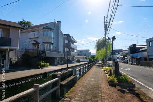 静岡県三島市 市内中心部を流れる桜川と住宅街
