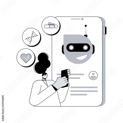 Chatbot in healthcare abstract concept vector illustration. Artificial intelligence caregiver, chatbot healthcare use, anonymous consultation, clinic AI assistant, chat service abstract metaphor.