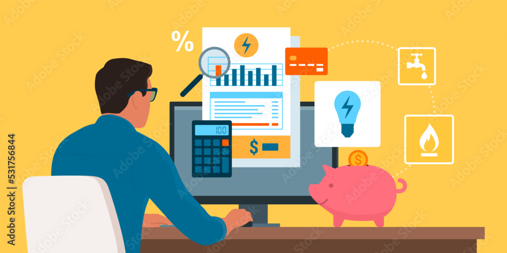 Fototapeta premium Man paying utility bills online