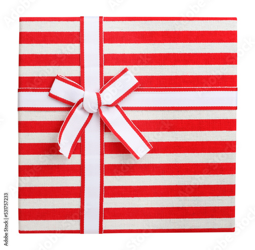 Gift cardboard box with striped red white lid and ribbon bow tie isolated on white background. Lovely present concept