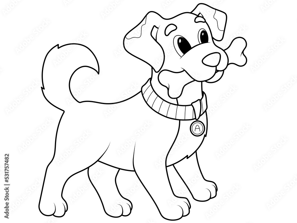 Dog with a bone in its mouth. Raster isolated, children coloring book. Dog with a bone in its mouth. Raster isolated, children coloring book.