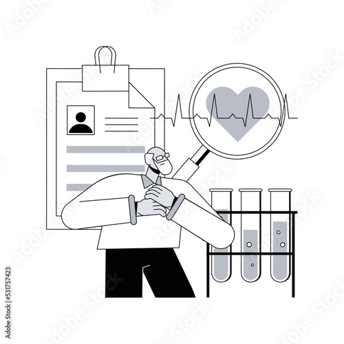 Cardiac patient card abstract concept vector illustration. Medical record, heart attack, cardiovascular surgery, sick patient, blood test, physicians exam, hospital document abstract metaphor.