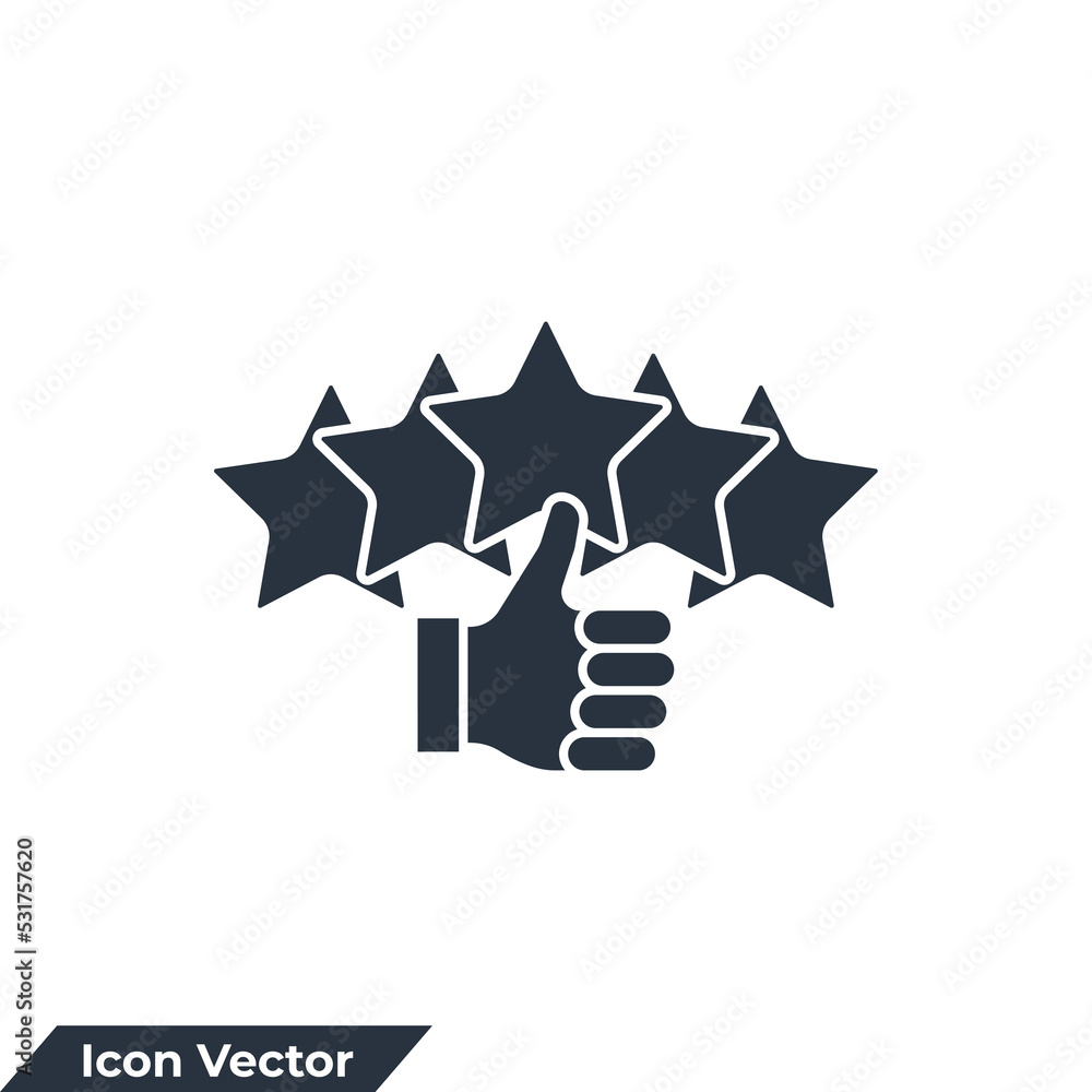 Reputation 5 stars icon logo vector illustration. Customer review rating with 5 stars and thumb-up symbol template for graphic and web design collection Reputation 5 stars icon logo vector illustration. Customer review rating with 5 stars and thumb-up symbol template for graphic and web design collection