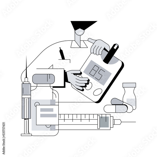 Diabetes medications abstract concept vector illustration. Diabetes mellitus therapy, disease treatment, insulin injection, syringe needle, medical capsule, diabetic diet abstract metaphor.