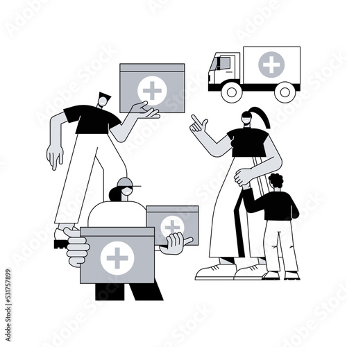 Humanitarian aid abstract concept vector illustration. Healthcare material assistance, independent aid, humanitarian service, charitable giving, help during natural disaster abstract metaphor.