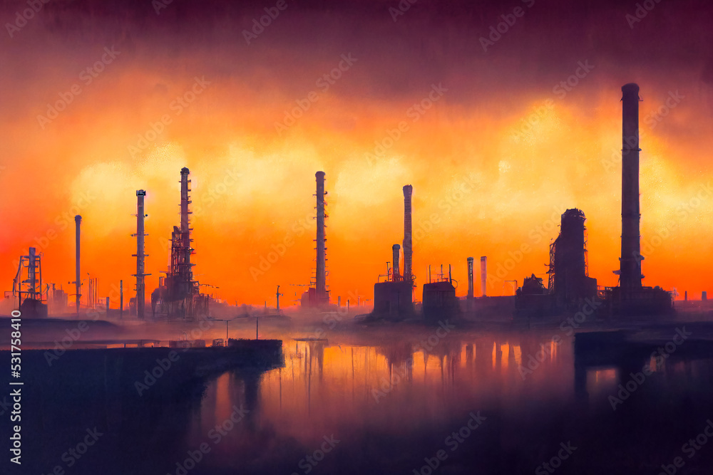Landscape of pollution in city, polluted factory over smog in the air and nature. Industry issue that polluted the planet. Using neural network for painting