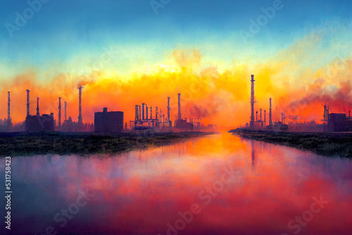 Landscape of pollution in city  polluted factory over smog in the air and nature. Industry issue that polluted the planet. Using neural network for painting