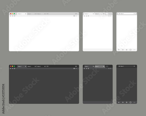 Blank browser templates for screens of popular devices laptop, tablet, phone in light and dark mode. Web browser window with toolbar and tabs. Vector illustration flat design.