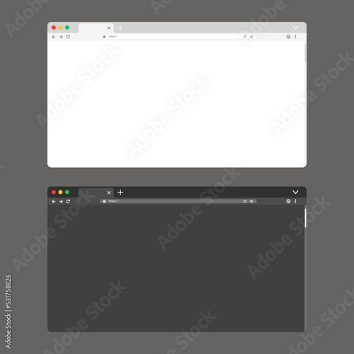 Web browser mockup with blank screen for desktop in light and dark mode. Vector illustration flat design.