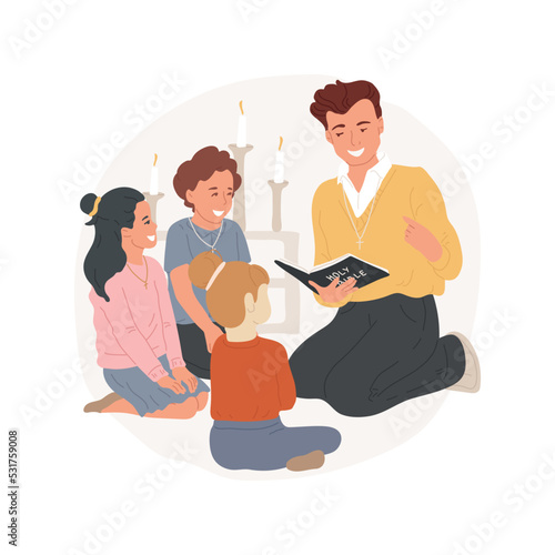 Bible classes isolated cartoon vector illustration. Teacher reads Bible story, kids sitting in circle listening, religious education, Sunday school, teaching biblical values vector cartoon.