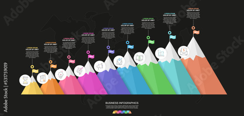 Infographics vector template. Modern timeline mountains graph with nine steps, circles, achievement, mission business options on black background