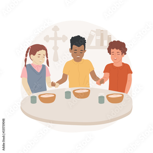 Teaching to pray isolated cartoon vector illustration. Child thanking god before meal, teach how to hold hands when praying, religious education program, private Sunday school vector cartoon.