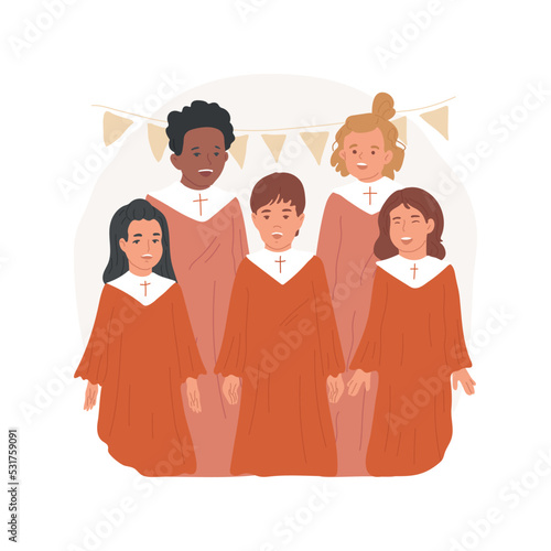 Gospel music class isolated cartoon vector illustration. Children choir singing, gospel music lesson, kids worship song, religious education, private catholic Sunday school vector cartoon.