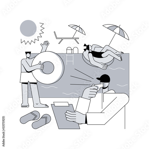 Swim camp abstract concept vector illustration. Swimming summer camp, open water training, swimmer course, young athlete, outdoor class, sport specialty program for kids abstract metaphor.