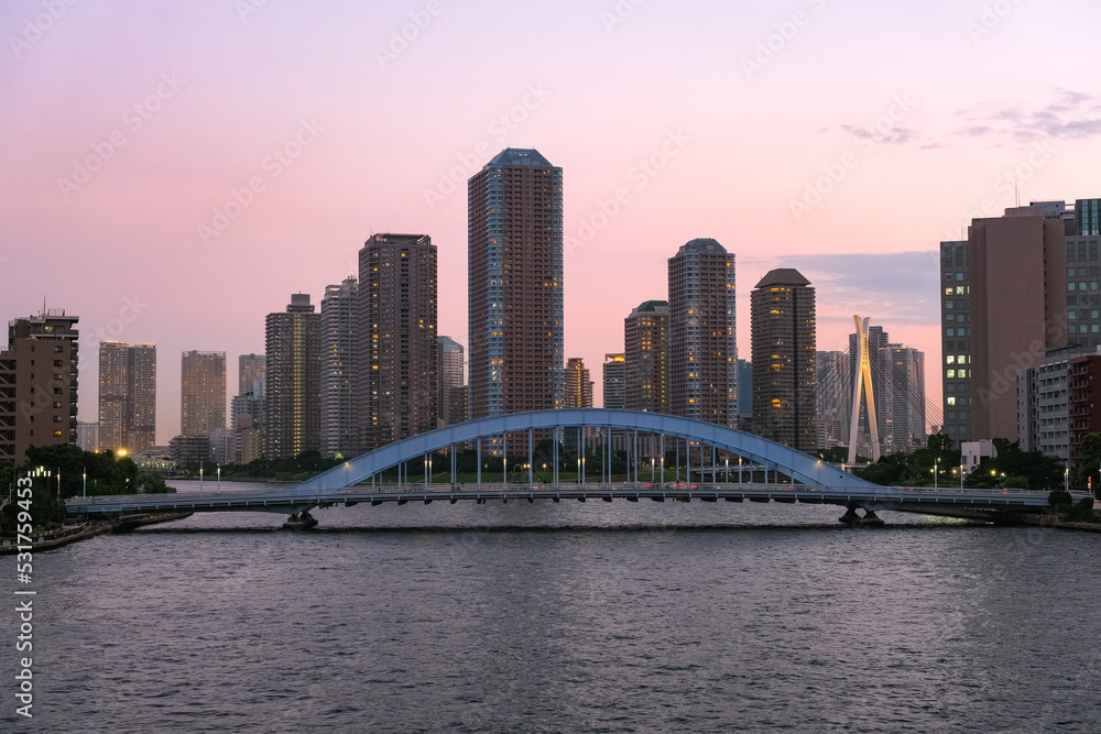 Fototapeta premium 東京都 隅田川に架かる永代橋と高層マンション群の夕景