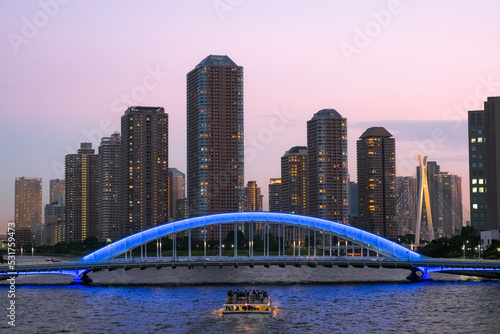 東京都 夕暮れの隅田川に架かる永代橋と高層マンション群 photo