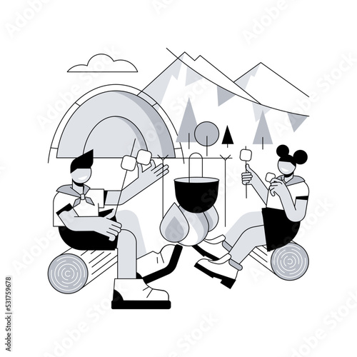 Summer camping abstract concept vector illustration. Caravan camping service, accommodation, national park, summer adventure, tourism for kids, scout program, survival skills abstract metaphor.