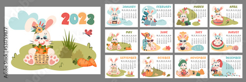 Calendar 2023 for each month. Horizontal planner with cute bunny in different seasons. Cartoon character rabbit  as symbol of new year. Week starts on Monday. Vector flat illustration