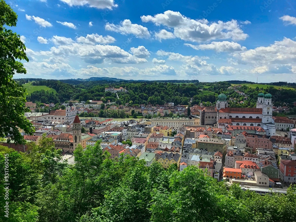 The historical city of Passau seen from Veste Oberhaus on a beautiful day in spring.