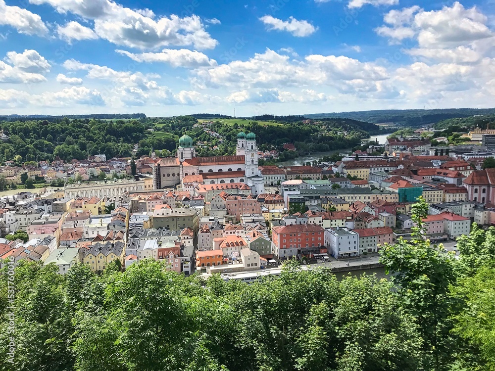 The historical city of Passau seen from Veste Oberhaus on a beautiful day in spring.