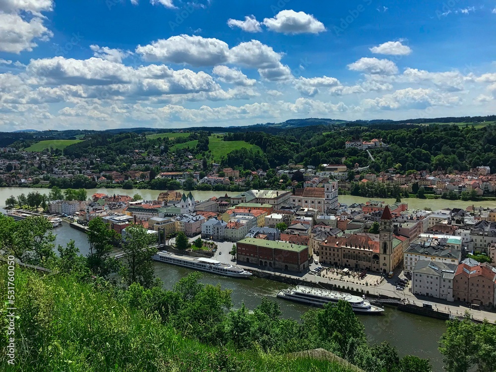 The historical city of Passau seen from Veste Oberhaus on a beautiful day in spring