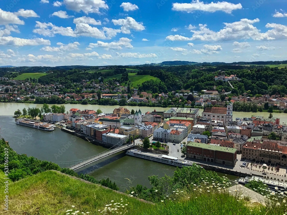 The historical city of Passau seen from Veste Oberhaus on a beautiful day in spring