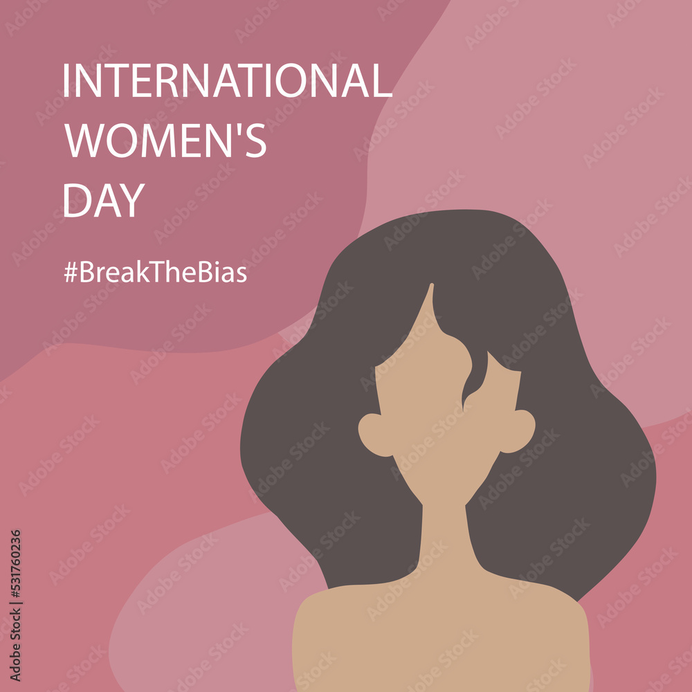 Break the bias. Women's international day 8th march. Celebrate women's achievement. Portrait of beautiful woman. Raise awareness against bias. IWD. Flat vector illustration Break the bias. Women's international day 8th march. Celebrate women's achievement. Portrait of beautiful woman. Raise awareness against bias. IWD. Flat vector illustration