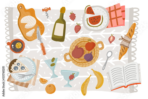 Picnic scene with tasty food, decor, outfit. Cheese plate, watermelon, berry pie, fruit, wine, croissant, tea. Healthy and wholesome food in the fresh air. Cartoon vector illustration