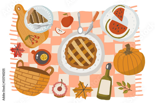 Autumn picnic scene with tasty seasonal food, decor, outfit. Apple pie, pumpkin, fruit, wine, croissant, tea. Healthy and wholesome food in the fresh air. Cartoon vector illustration