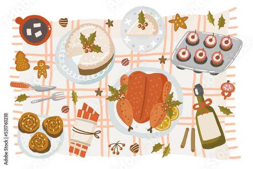 Illustration vector flat cartoon of food on happy Christmas menu on dinner table setting as feast concept. Family celebrating Christmas at home and eating together. Table top view, flat lay