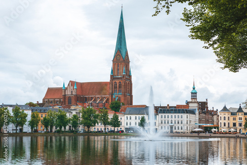 Panorama of the Schwerin old town at the Pfaffenteich lake. Mecklenburg-Vorpommern, Germany