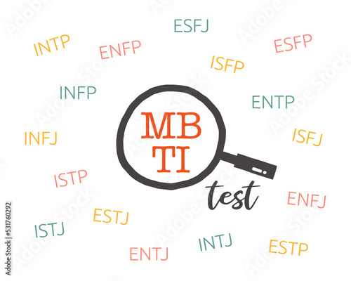 Myers-Briggs type indicator. MBTI psychological test and magnifier. Introversion, extraversion, feeling, judging, sensing, intuition, thinking, perceiving. Flat vector isolated illustration