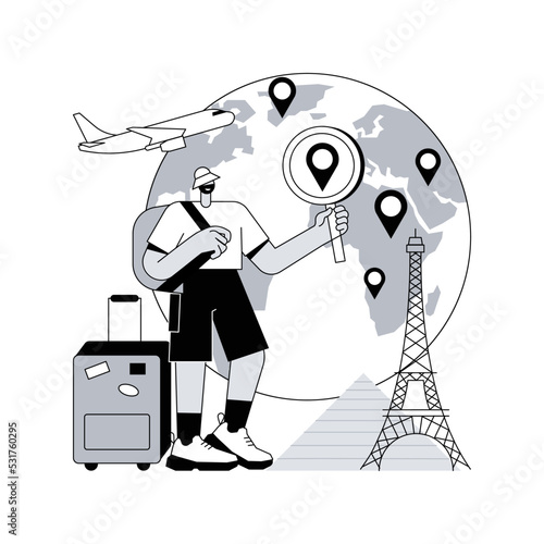 Traveling the world abstract concept vector illustration. Worldwide adventure, holiday trip, hitchhiking, travel blog, luggage bag, foreign country, plane departure, destination abstract metaphor.