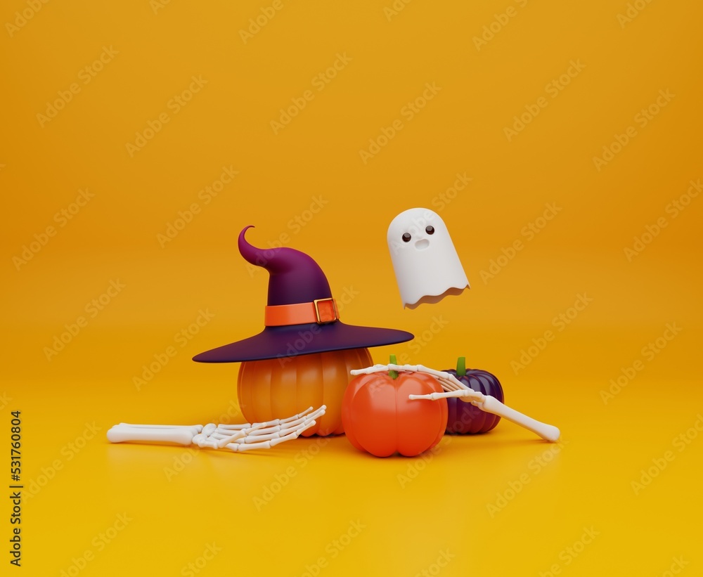 3d rendering cute Halloween greeting cartoon illustration with pumpkins 3d rendering cute Halloween greeting cartoon illustration with pumpkins