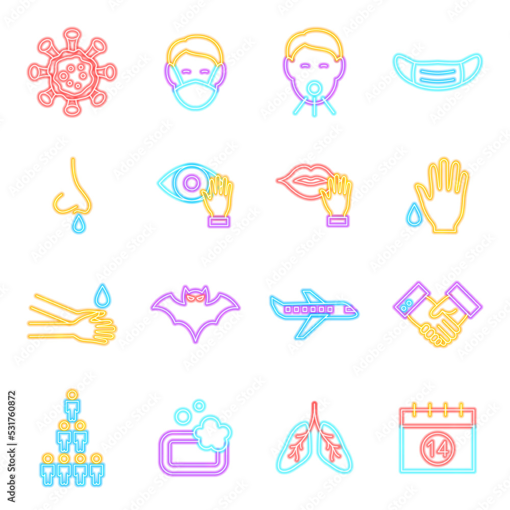 Coronavirus Prevention Neon Icons Isolated. Vector Illustration of Glowing Bright Led Lamp over White Symbols.
