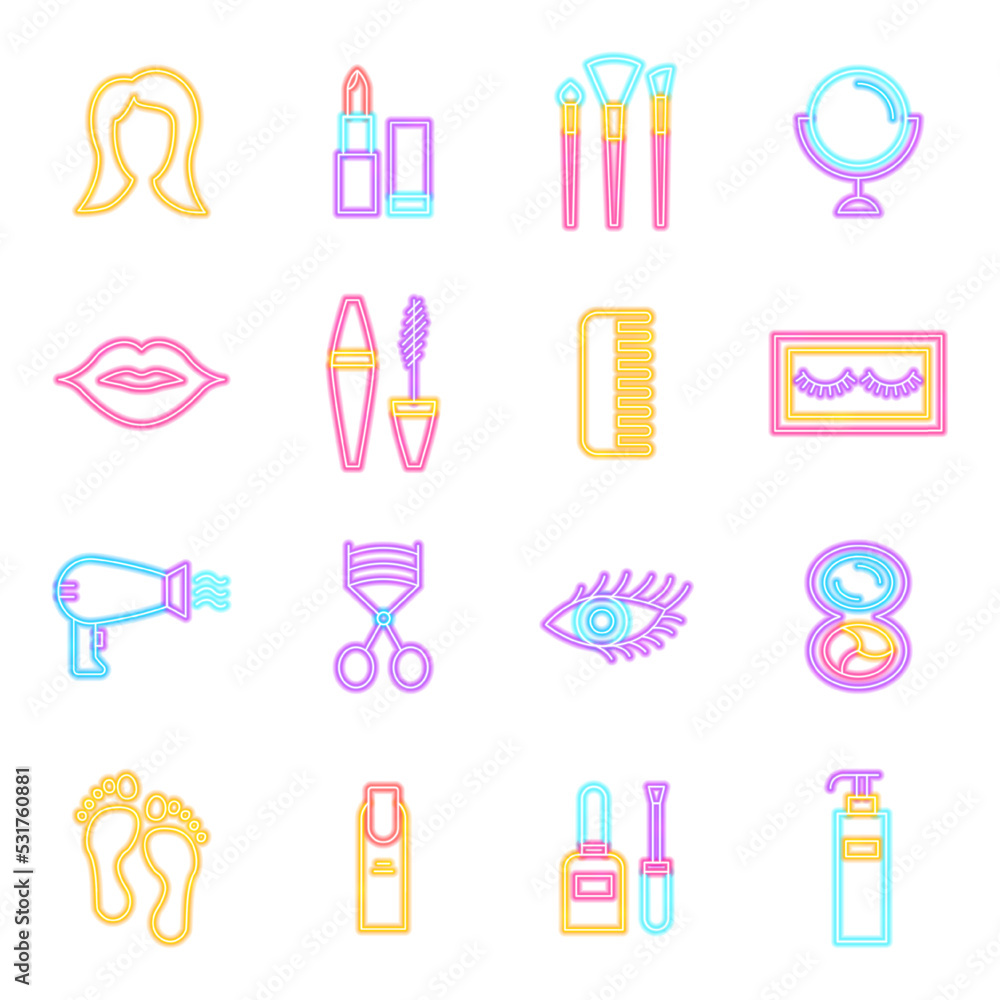 Cosmetics Neon Icons Isolated. Vector Illustration of Glowing Bright Led Lamp over White Symbols. Cosmetics Neon Icons Isolated. Vector Illustration of Glowing Bright Led Lamp over White Symbols.
