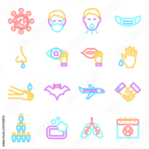 Coronavirus Prevention Neon Icons Isolated. Vector Illustration of Glowing Bright Led Lamp over White Symbols.