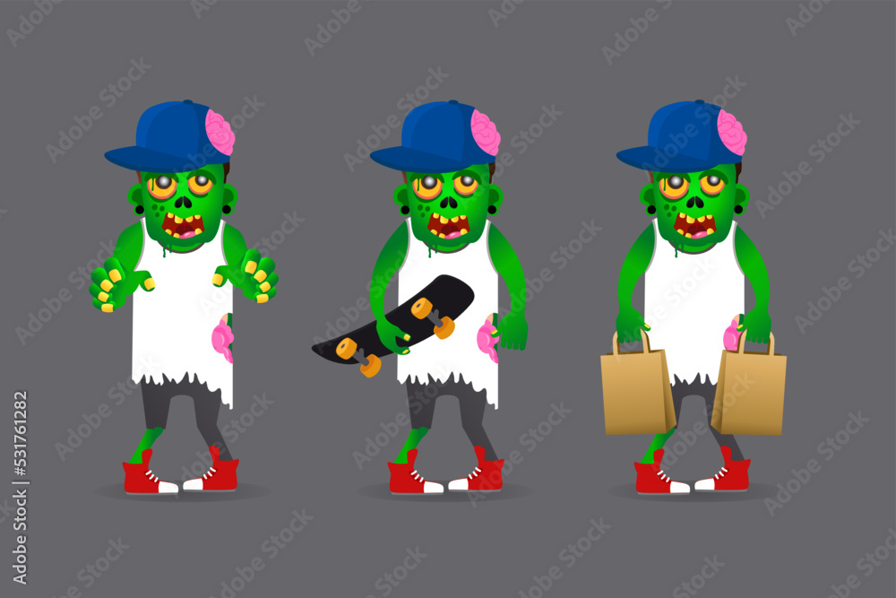 Fototapeta premium Zombie young boy set isolated on a grey background. Zombie boy cartoon style