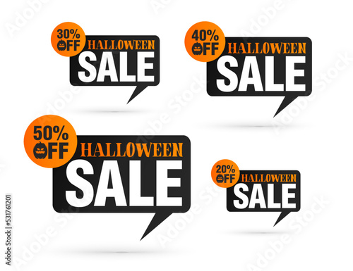 Halloween sale tag speech bubble. Set of 20%, 30%, 40%, 50% off discount