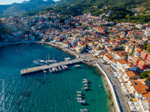 Aerial drone view of Beautiful colorful towns of Greece - Parga. Popular for summer vacations © ernestos