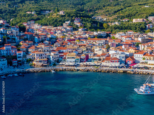 Aerial drone view of Beautiful colorful towns of Greece - Parga. Popular for summer vacations