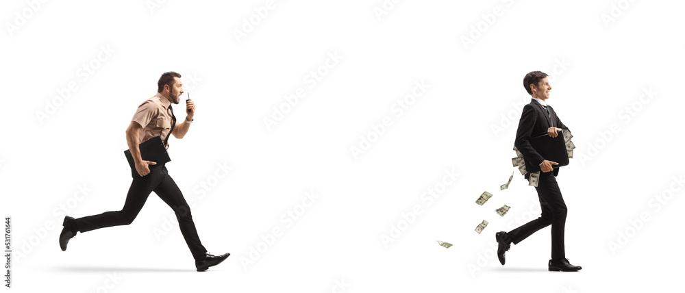 Full length profile shot of a security guard with a walkie talkie chasing a businessman with a suitcase full of money