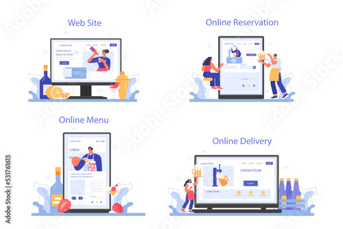 Bartender online service or platform set. Barman preparing alcoholic