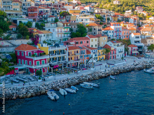 Aerial drone view of Beautiful colorful towns of Greece - Parga. Popular for summer vacations