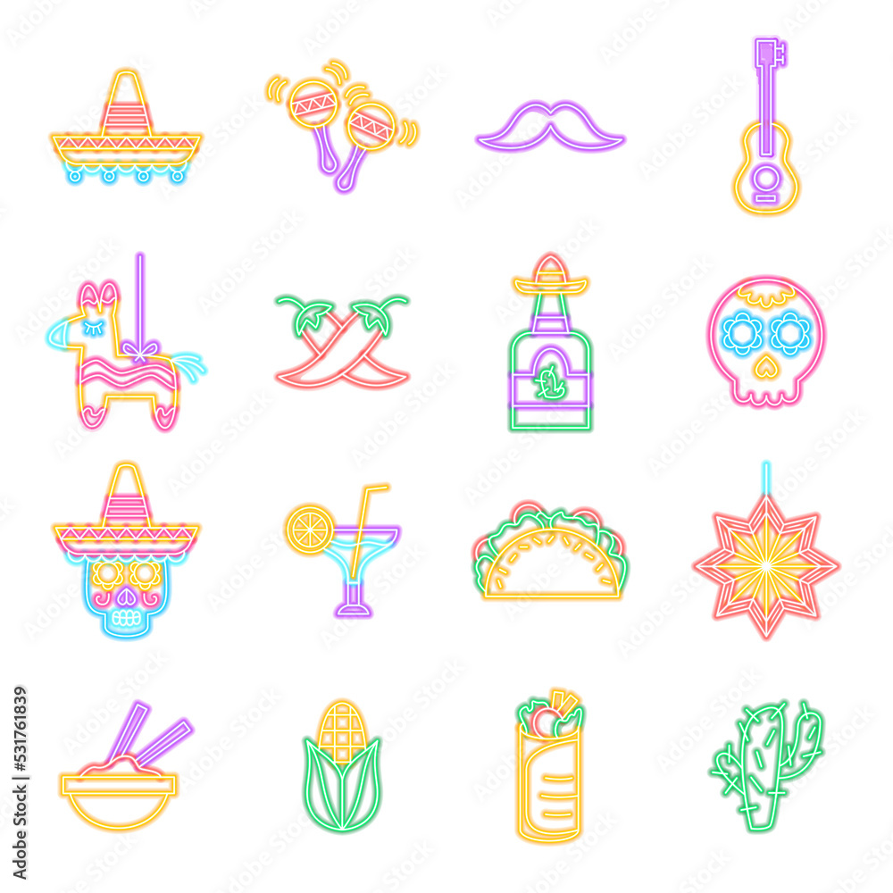 Cinco de Mayo Neon Icons Isolated. Illustration of Glowing Bright Led Lamp over White Symbols.