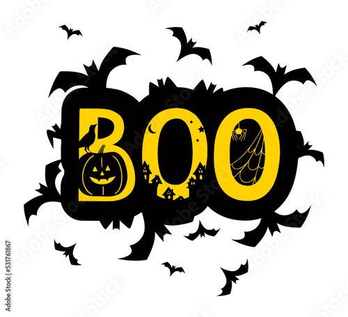 Boo phrase with black bats isolated on a white background. Halloween illustration.